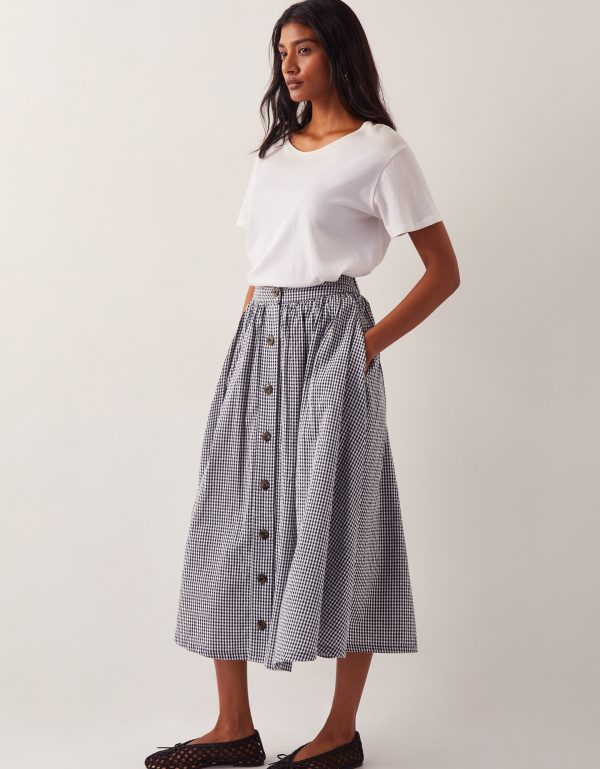 Bea Gingham Button Midi Skirt Blue