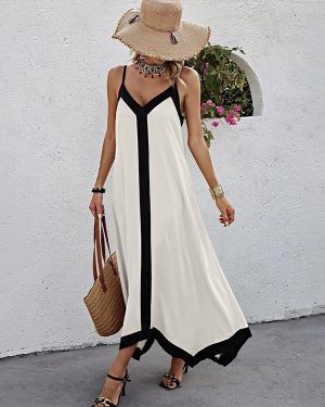 Beach Slip Dress With Black Contrast Trim V-neck Long Dress For Women 2025