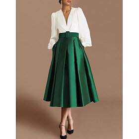 Beach Wedding A-Line Cocktail Dresses Elegant Dress Formal Wedding Guest Tea Length Long Sleeve V Neck Satin with Ruched Derby Dresses 2025