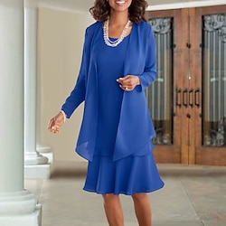 Beach Wedding A-Line Mother of the Bride Dress Wedding Guest Elegant Wrap Included Jewel Neck Knee Length Chiffon Sleeveless with Ruffles Solid Color 2025 free custom size