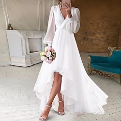 Beach Wedding Bridal Shower Little White Dress Bridal Shower Dresses Casual Wedding Dresses A-Line V Neck Long Sleeve Asymmetrical Chiffon Bridal Gowns With Solid Color 2025