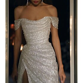 Beach Wedding Mermaid Evening Gown Sequin Dress Wedding Guest Prom Sweep / Brush Train Short Sleeve Off Shoulder Fall Wedding Reception Satin with Slit Masquer