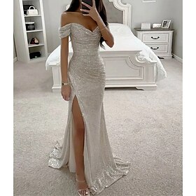 Beach Wedding Mermaid Prom Dresses Sequin Dress Formal Evening Party Sweep / Brush Train Sleeveless Cowl Neck with Ruched Slit Masquerade Dress 2025