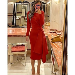 Beach Wedding Sheath Cocktail Dresses Elegant Dress Formal Fall Knee Length Long Sleeve Jewel Neck Stretch Fabric with Pleats Ruched Derby Dresses 2025