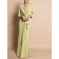 Beach Wedding Sheath Mother of the Bride Dress Formal Wedding Guest Elegant Party V Neck Sweep / Brush Train Stretch Chiffon Long Sleeve with Draping Ruching 2025 free custom size
