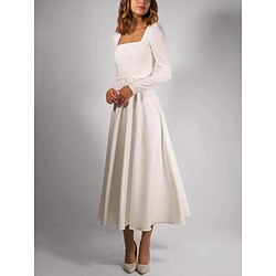 Beach Wedding Simple Wedding Dresses Casual Wedding Dresses A-Line Square Neck Long Sleeve Tea Length Stretch Fabric Bridal Gowns With Pleats Solid Color 2025