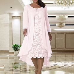 Beach Wedding Two Piece A-Line Mother of the Bride Dress Wedding Guest Elegant Plus Size Jewel Neck Tea Length Chiffon Lace Short Sleeve Jacket Dresses with Solid Color 2025 free custom size