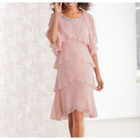 Beach Wedding Two Piece Sheath Mother of the Bride Dress Formal Wedding Guest Elegant High Low Scoop Neck Asymmetrical Knee Length Chiffon Sleeveless Wrap Incl