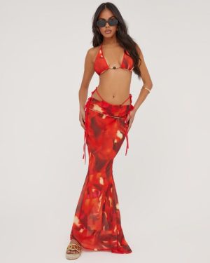 Beaded Detail Triangle Bikini Set With Maxi Skirt In Red Print, Women's Size UK Small S
