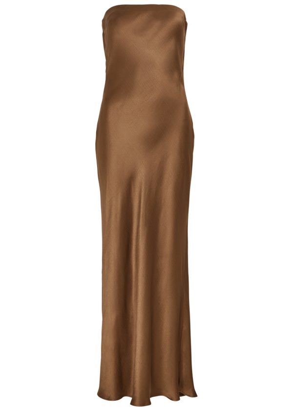 Bec & Bridge Moon Dance Strapless Satin Maxi Dress - Cut-out Cowl Back, Maxi Dress Designer, Chocolate - UK12 / M - 12 (UK12 / M)