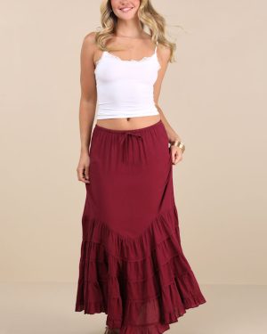 Bedelia Dark Red Tiered Drawstring Maxi Skirt