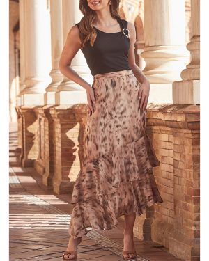 Beige Animal Print Ruffle Hem Midi Skirt