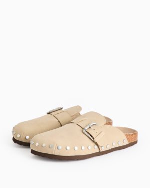 Beige Buckle Studded Footbed Clogs