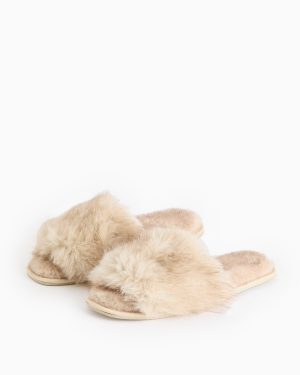 Beige Cream Plush Faux Fur Sliders