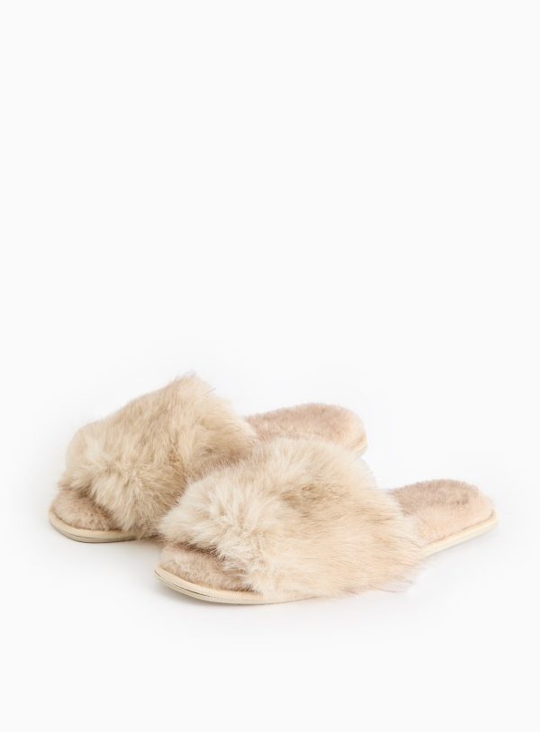 Beige Cream Plush Faux Fur Sliders