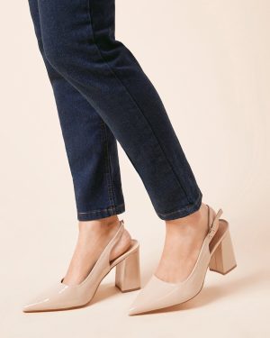 Beige DOROTHY PERKINS Wide Fit Ellens Pointed Block Heel Slingback Court shoes