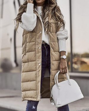 (Beige, L) Women's Solid Color Hooded Single-breasted Mid-length Padded Vest Sleeveless Pocket Jacket