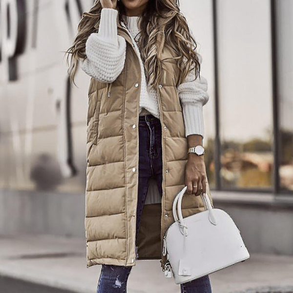 (Beige, L) Women's Solid Color Hooded Single-breasted Mid-length Padded Vest Sleeveless Pocket Jacket
