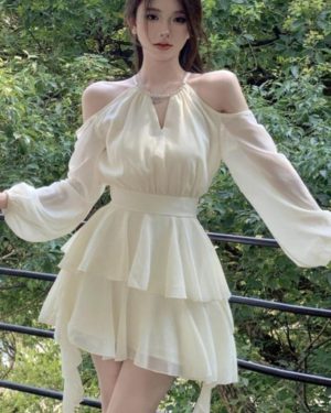 (Beige, S) Women's Summer Off Shoulder Sweet Dress Elegant Long Sleeve Ruffles Party Dresses