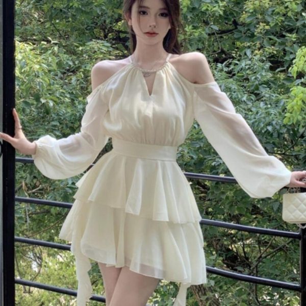 (Beige, S) Women's Summer Off Shoulder Sweet Dress Elegant Long Sleeve Ruffles Party Dresses