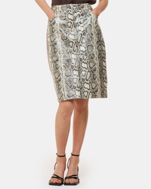 Beige Snake Skin Leather Midi Skirt
