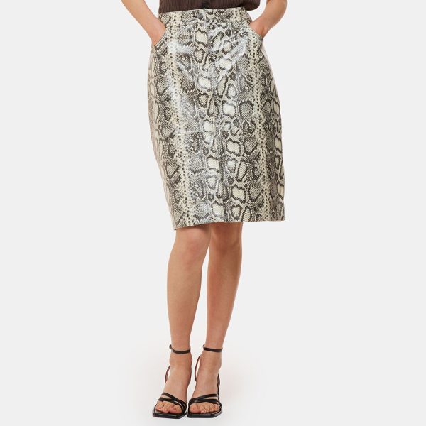 Beige Snake Skin Leather Midi Skirt