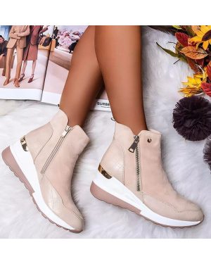 (Beige, UK 5 / EU 38) Womens Wedge Heel Faux Suede Zip Casual Bootie Ankle Ladies Boots Size