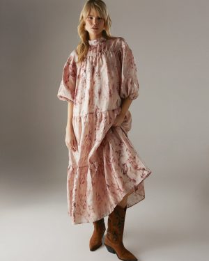 Beige WAREHOUSE Organza High Neck Tier Midi Smock Dress