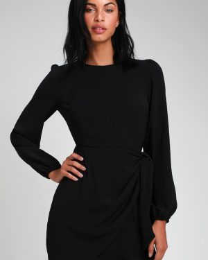 Believe It or Knot Black Long Sleeve Tie-Front Skater Dress