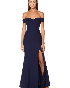 Bella Bardot Maxi Dress With Thigh Split And Train, UK 18 / US 14 / EU 46 / Navy