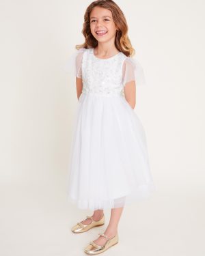Bella Sequin Flower Communion Dress White