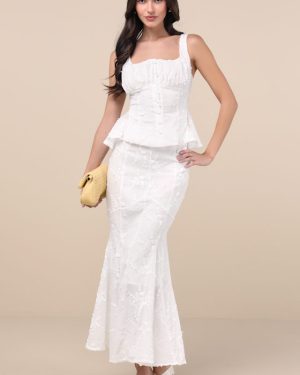 Bella White Embroidered High-Rise Maxi Skirt