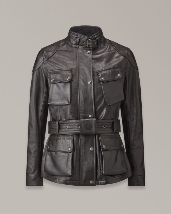 Belstaff Trialmaster Motorcycle Jacket Women's Hand Waxed Leather Antique Black Size UK 8