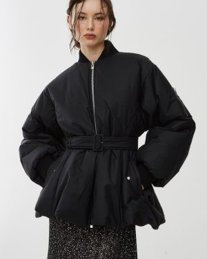Belted black bomber jacket
