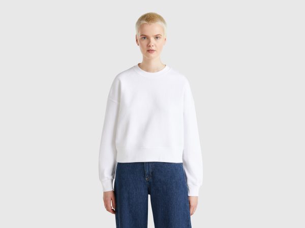 Benetton, 100% Cotton Sweatshirt With Logo Print, size XL, White, Women