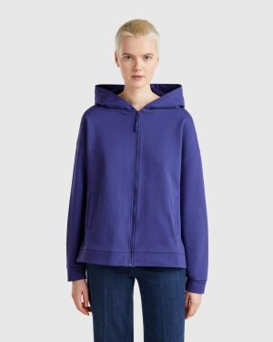 Benetton, 100% Cotton Sweatshirt With Zip And Hood, size XXS, Blue, Women