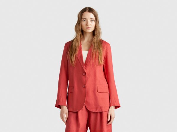 Benetton, Blazer In Pure Linen, size , Brick Red, Women