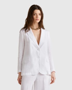 Benetton, Blazer In Pure Linen, size , White, Women