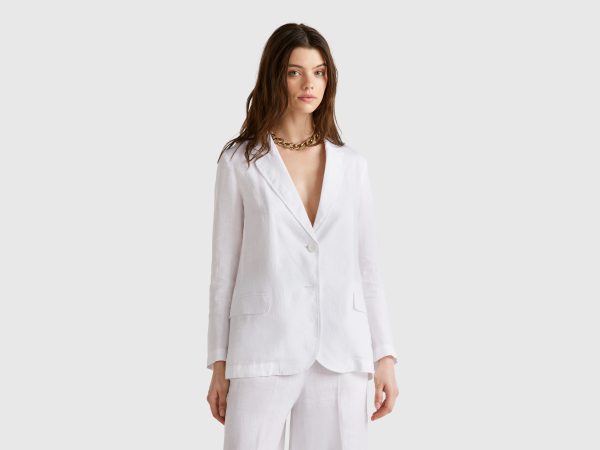 Benetton, Blazer In Pure Linen, size , White, Women