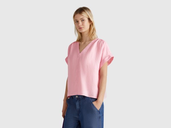 Benetton, Blouse In Pure Linen, size XXS, Pastel Pink, Women