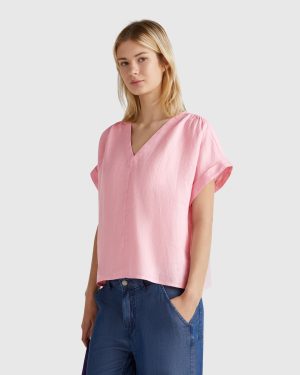 Benetton, Blouse In Pure Linen, size XXS, Pastel Pink, Women