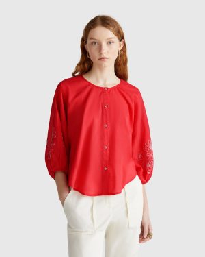 Benetton, Blouse With Floral Embroidery, size XS, Brick Red, Women