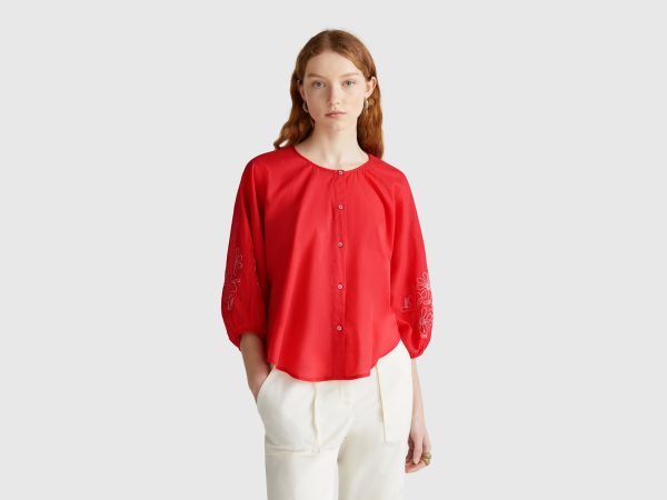 Benetton, Blouse With Floral Embroidery, size XS, Brick Red, Women