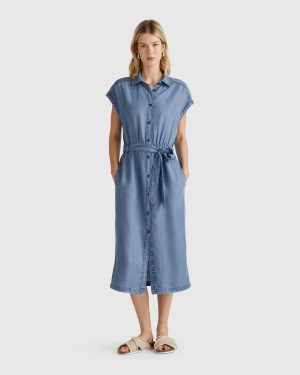 Benetton, Chambray Shirt Dress With Sash, size XXS, Light Blue, Women