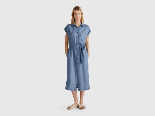 Benetton, Chambray Shirt Dress With Sash, size XXS, Light Blue, Women