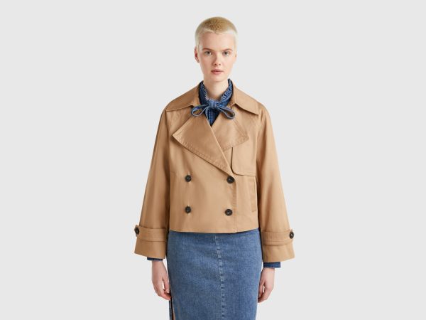 Benetton, Cropped Double-breasted Trench Coat, size , Camel, Women