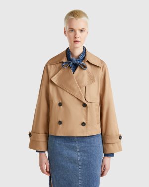 Benetton, Cropped Double-breasted Trench Coat, size , Camel, Women
