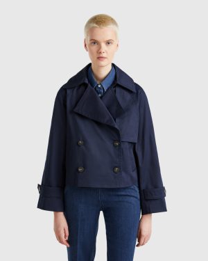 Benetton, Cropped Double-breasted Trench Coat, size , Dark Blue, Women
