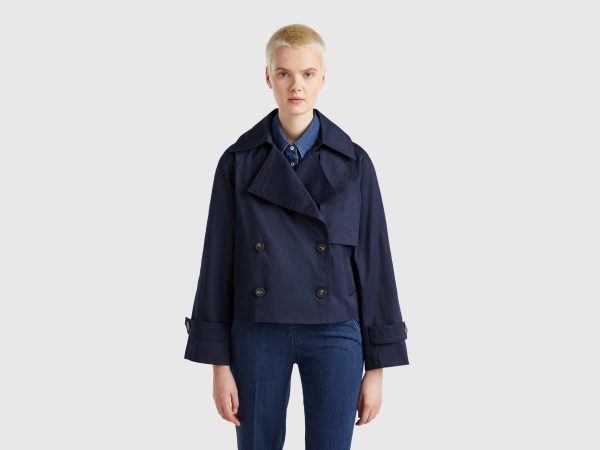 Benetton, Cropped Double-breasted Trench Coat, size , Dark Blue, Women