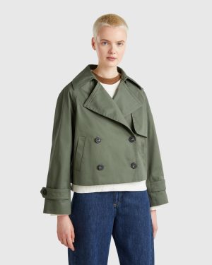 Benetton, Cropped Double-breasted Trench Coat, size , Military Green, Women